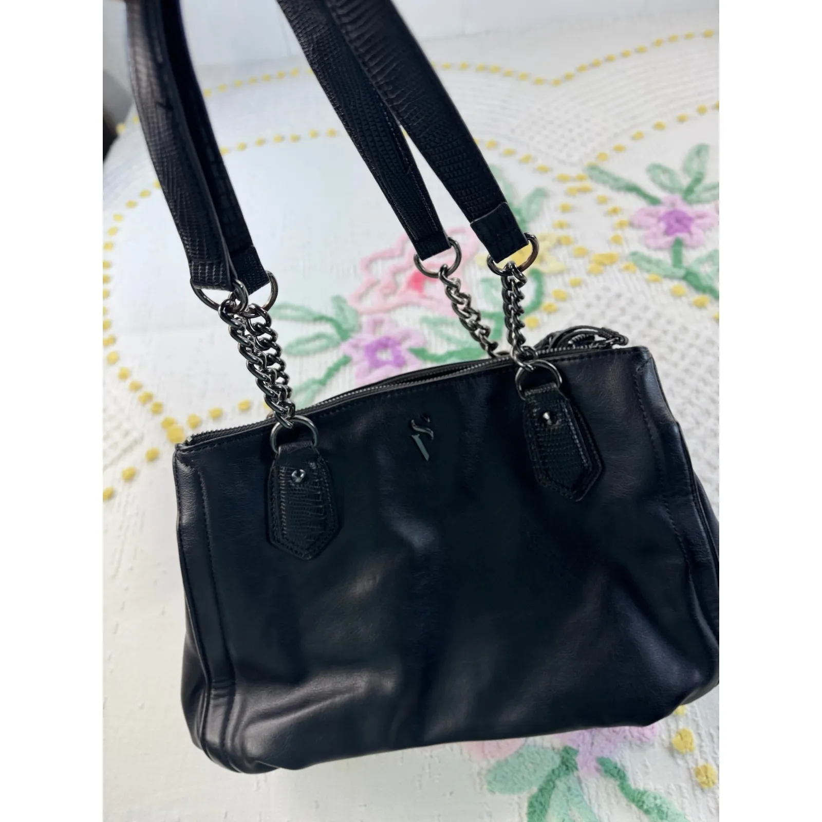 Simply Vera Vera Wang Black Faux Leather Shoulder Bag Chain Detail Hobo - Image 2