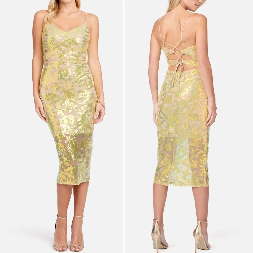 NWT Bebe Sparkle Mesh Midi Dress Lime Gold Sequin Slip Dress Women’s Size XL NEW - Image 2