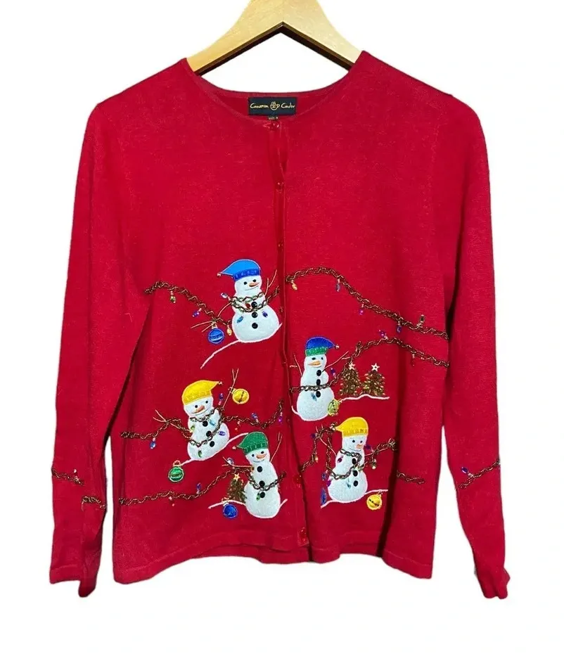 Vintage Christmas Snowman Snowmen Holiday Winter Button Up Cardigan Size Medium Red - Image 1