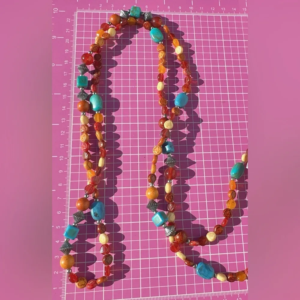 Lucky Brand necklace Amber Tibetan bluestone Sandalwood beads silver diamond 47” - Image 7