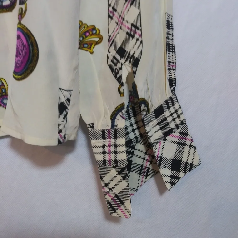 Francesca of Damon Vintage 80s Silk Plaid Pocket Watch Print Chic Preppy Size 8 Black - Image 10