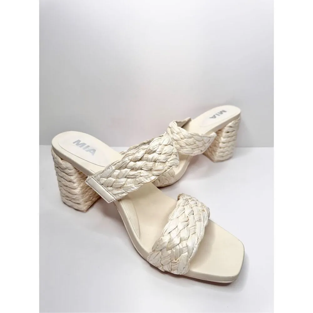 MIA Raffia Sandals Womens Size 10 Cream Double Strap Block Heel - Image 7