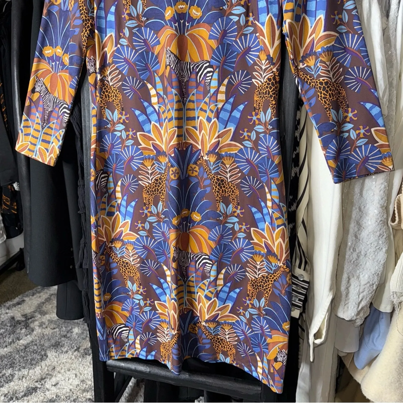 J. McLaughlin Sophia Safari Print Dress Brown Blue Gold - Image 4