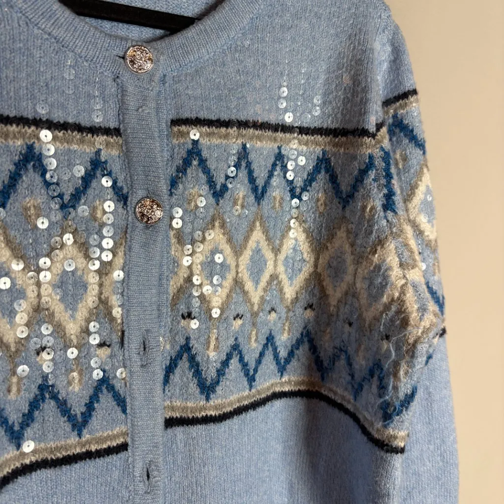 Loft  Sequin Fair Isle Sweater Jacket Blue - Image 3