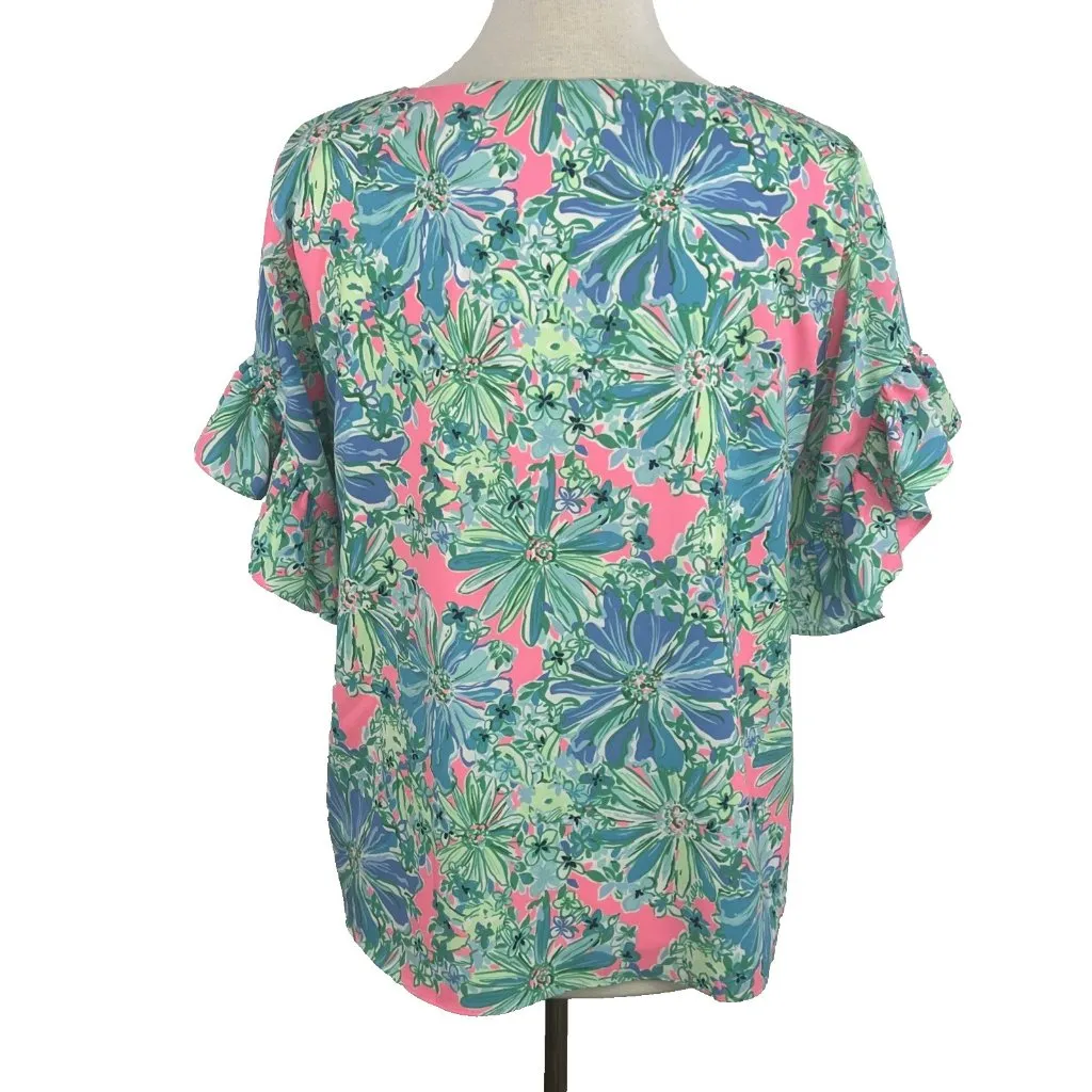 Lilly Pulitzer M Darlah Flutter Sleeve Top Soleil Pink Good Hare Day Blue Pink - Image 5