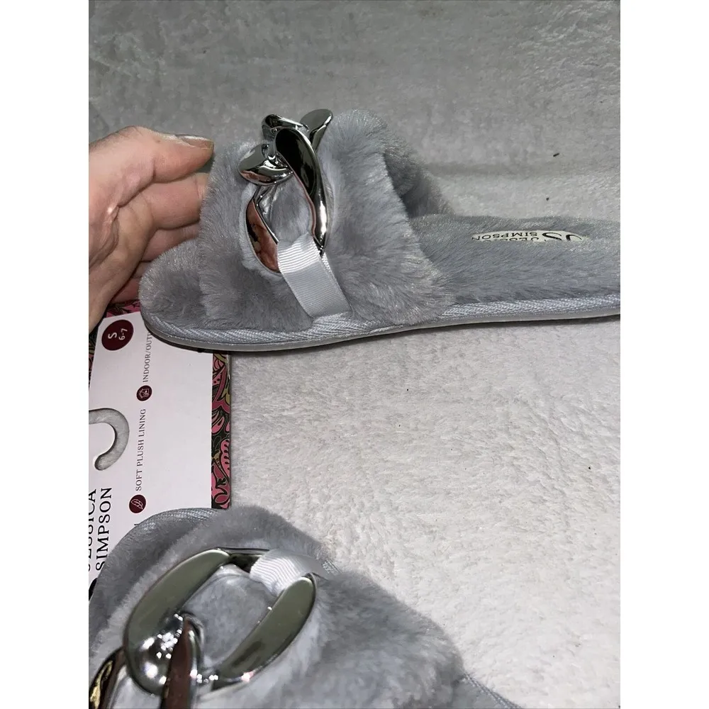 Jessica Simpson Gray Faux Fur Slide Slippers with Silver Chain Womens Size S 6-7 - Image 5