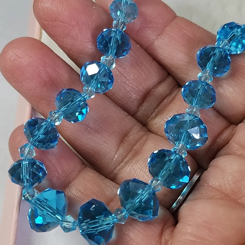 Aqua Blue Cut Crystal Faceted Rondelle Bead Necklace Bracelet Earrings Set - Image 3