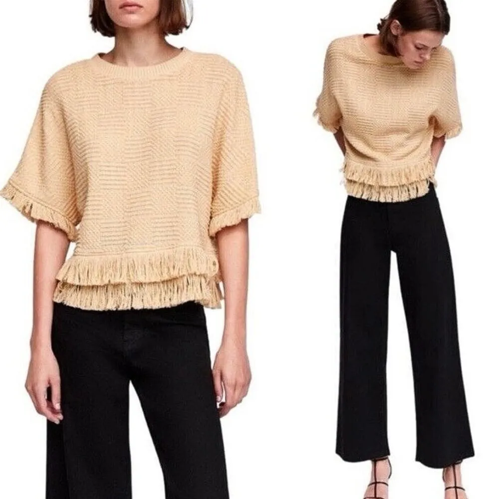 Zara Cream Beige Tweed Knit Fringe Crewneck Short Sleeve Sweater Top Size XS - Image 2