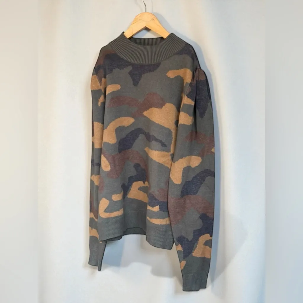 Six/Fifty Camo Pattern Mock Neck Sweater With Puff Sleeves Size M - Image 2