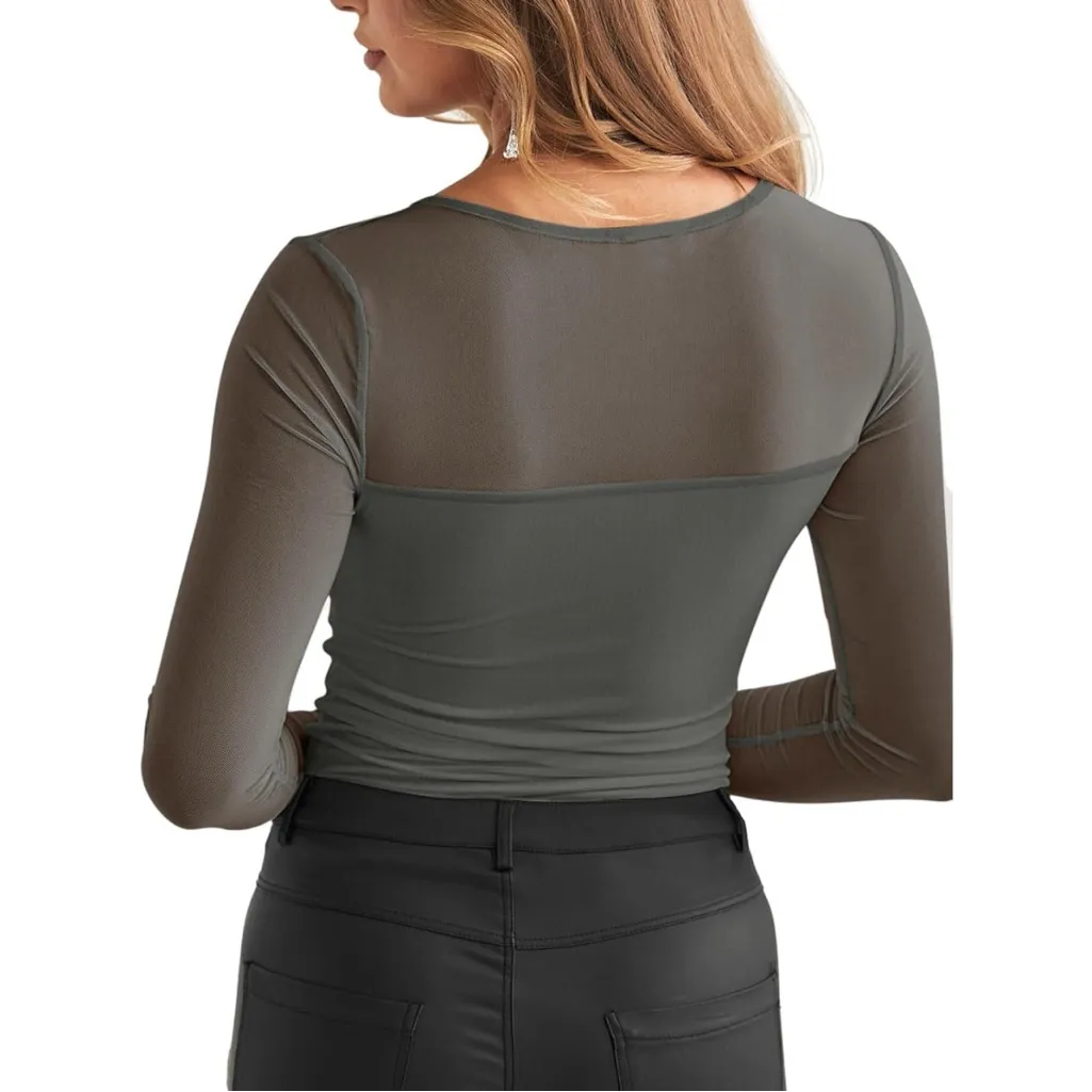 NWT REORIA Women’s Sheer Mesh Long Sleeve Front Twist Knot Ruched Top - Image 3