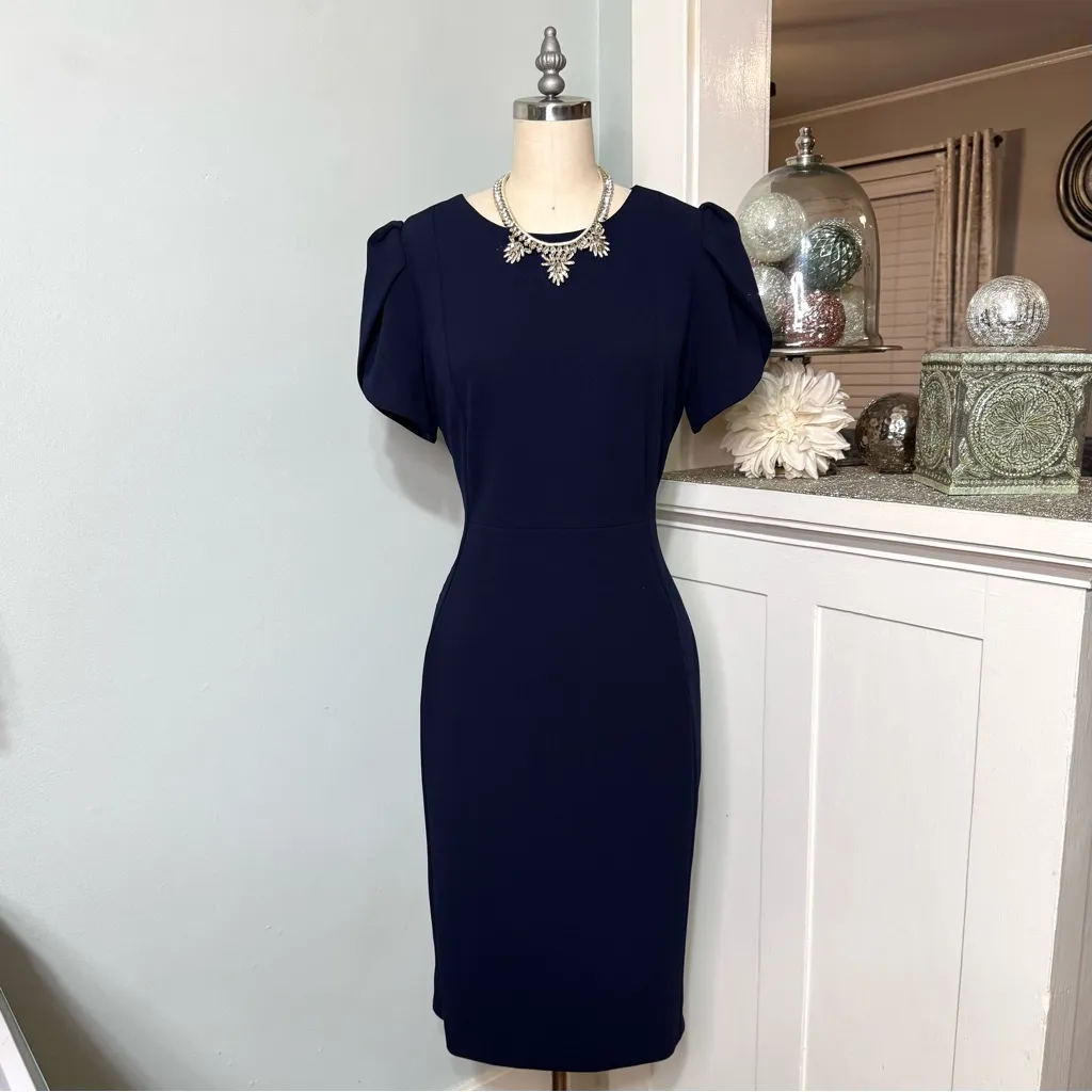 Calvin Klein Tulip Sleeve Sheath Dress Navy Blue Size 10 - Image 2