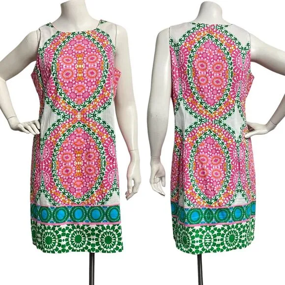 London Times Green Pink Yellow Floral Tile Sleeveless Shift Dress Women's Size 8 - Image 2