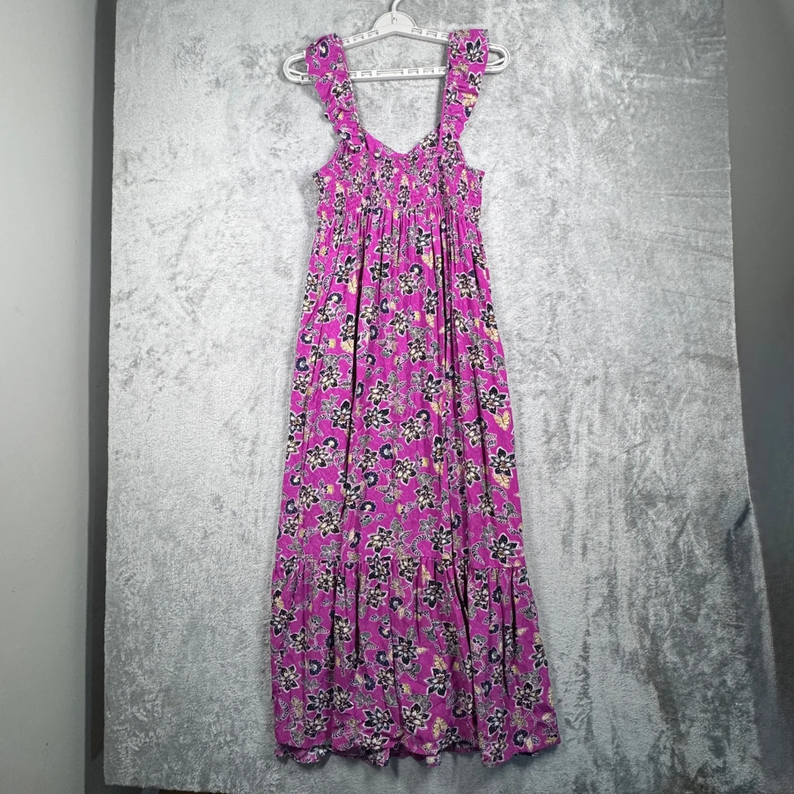 LOFT Maxi Dress Womens 6 Purple Floral Ruffle Sleeves Smocked Boho Casual Summer - Image 3