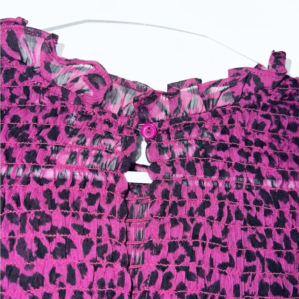 Express NWT Smocked Sheer Sleeve Mesh Top Purple Black Animal Print Cheetah Sz M - Image 8