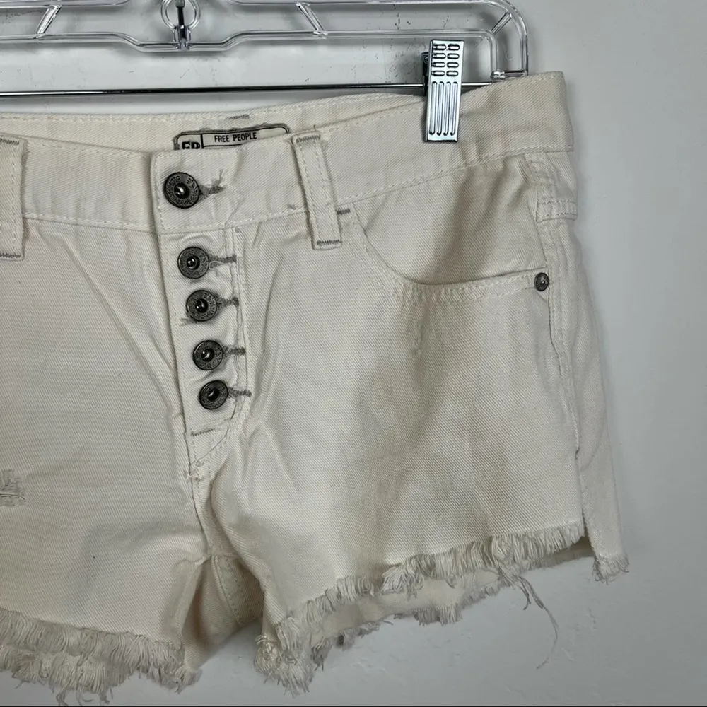 Free People White Button Fly Raw Hem Shorts - Image 3