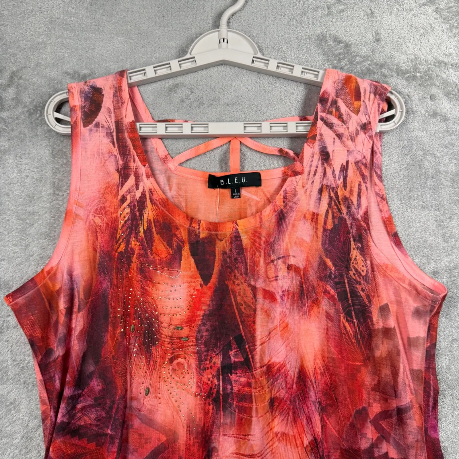 BLEU Abstract Print Tunic Tank Top Large Orange Red Purple Asym Hem Artsy Chic Pink - Image 4