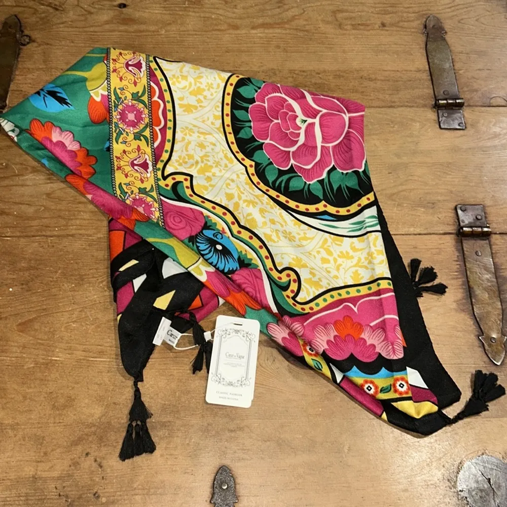 Woman’s Coeur DE Vague Large Floral Print Tassle Scarf Black - Image 2