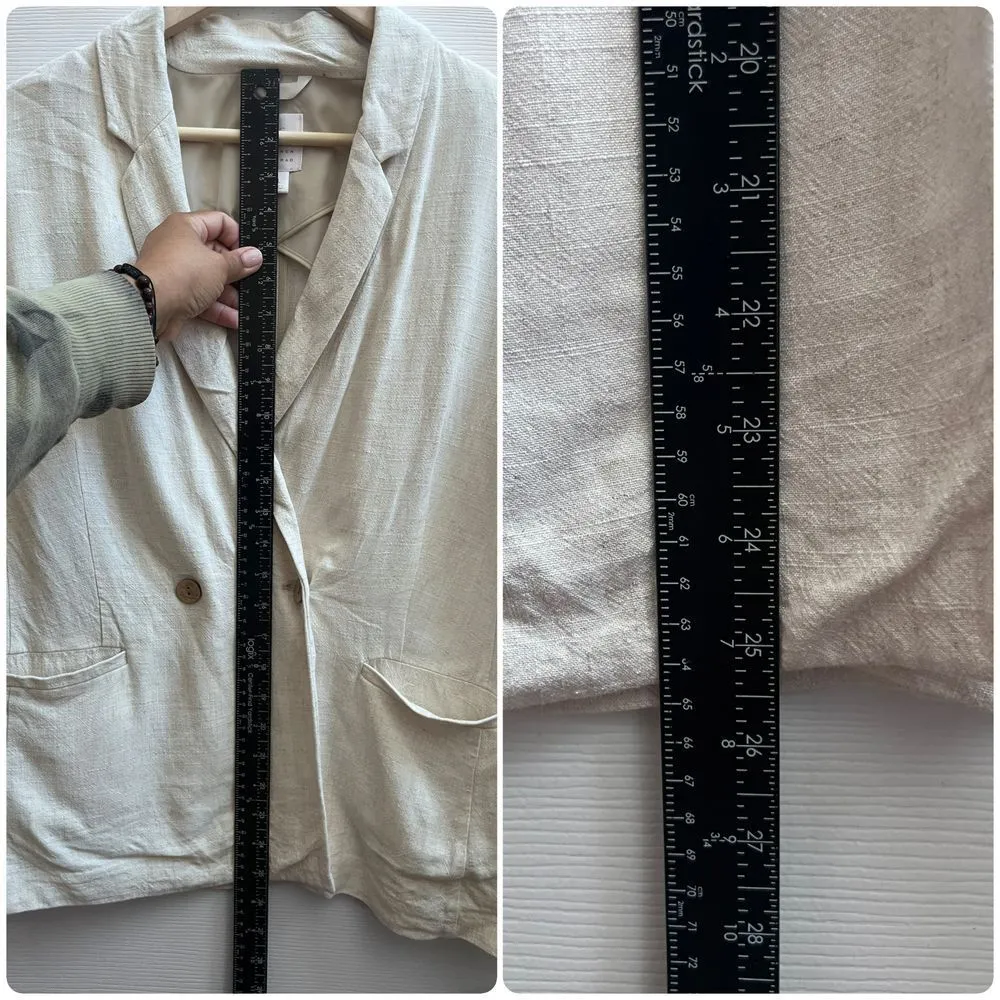 Tan Linen Blend Notch Lapel Pocket Double Breasted Blazer Large - Image 9