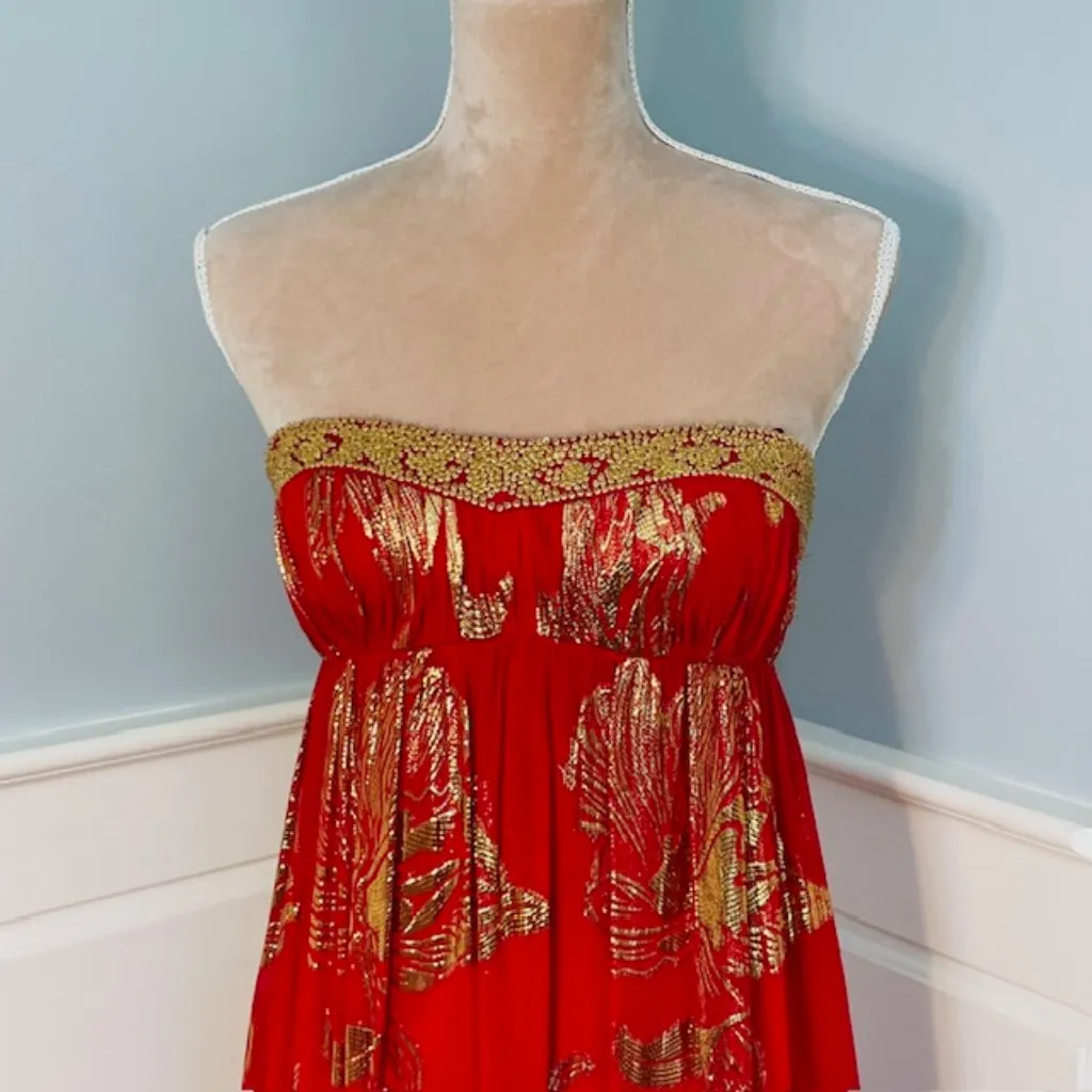 Aidan Mattox Beaded Silk Strapless Ball Gown Red & Gold Prom Party 4 - Image 3