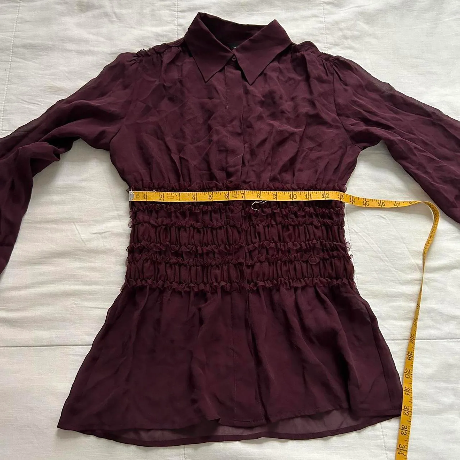 Moda international sheer silk Burgundy Y2K ruffle waist blouse long sleeves Red Size XS - Image 7