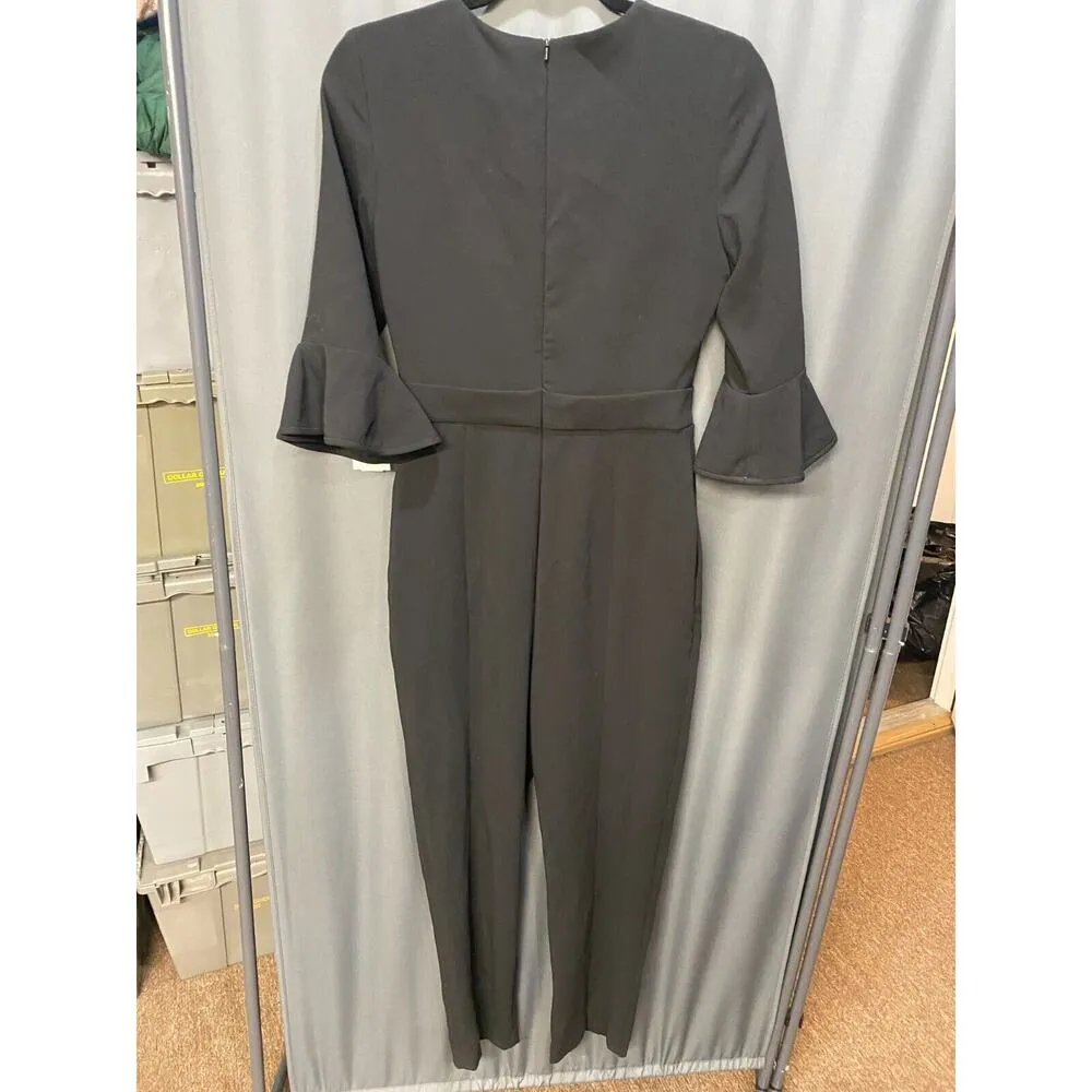 Black Halo Brooklyn Jumpsuits Women's 4 Black Cropped Back Zip Bell Sleeve A01 - Image 5