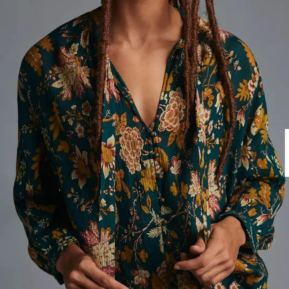 Anthropologie Pilcro The Tavi Tie Neck Floral Button Down Blouse Green Small SP - Image 13