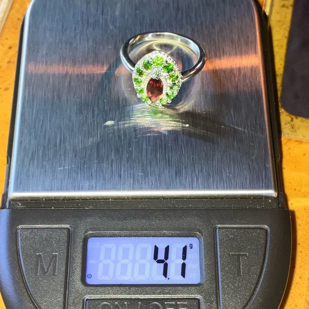 Natural Red Garnet Chrome Diopside Sterling Silver Halo Ring Size 7 - Image 9