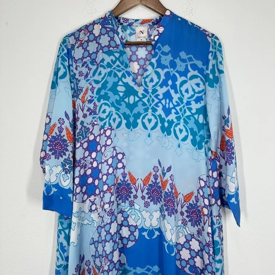 Natori Blue Floral Print Maxi Dress Size M V-Neck 3/4 Sleeve Resort‎ Wear Flowy - Image 3