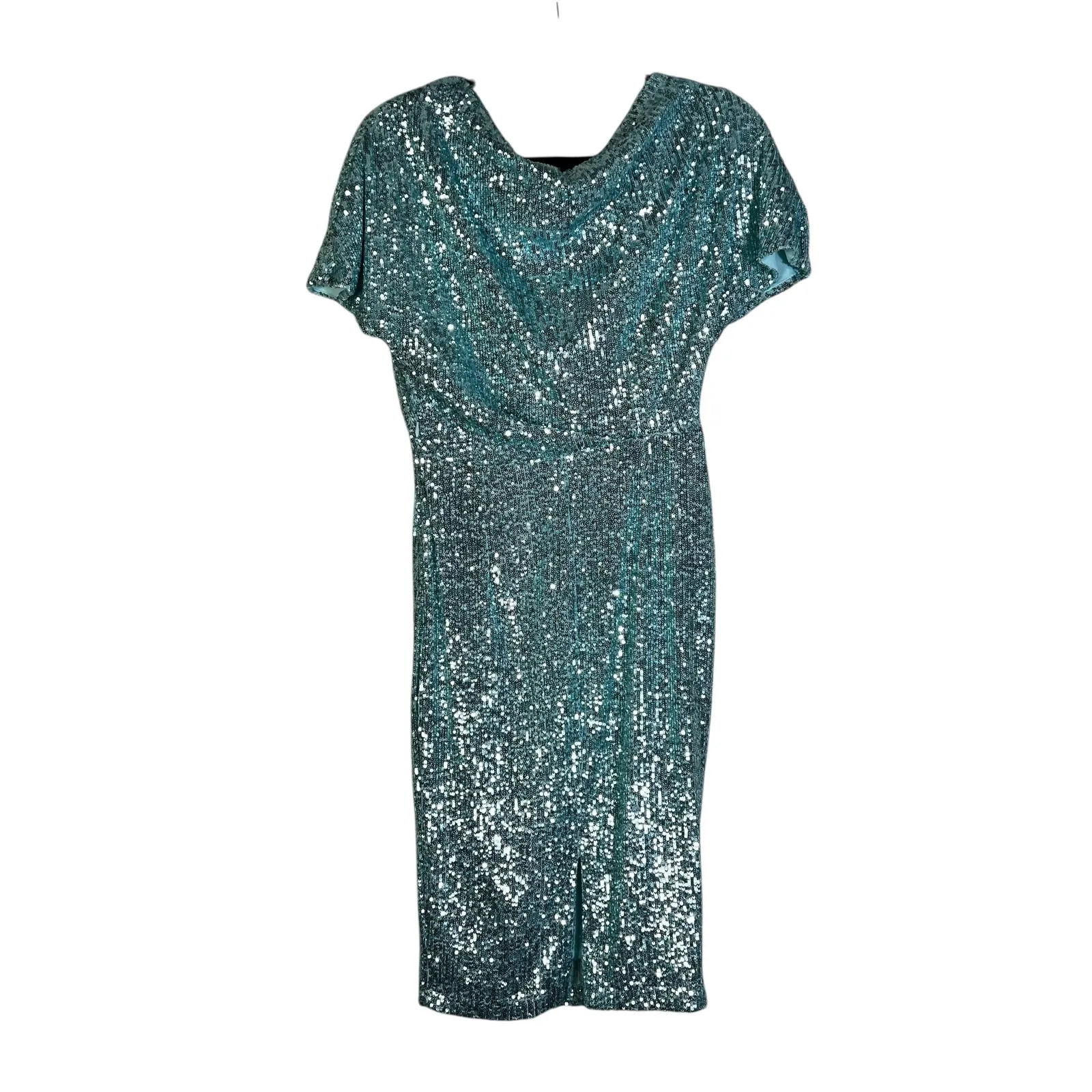 ALEXIA ADMOR Sequin Cowl Neck Midi Dress Aqua Blue Short Sleeve S - Image 4