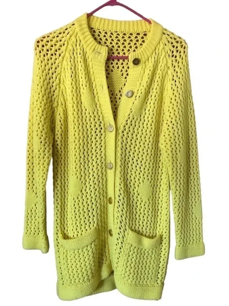 Vintage Authentic 60s 70s yellow cardigan Crochet Sweater Grandmacore Twee Size M - Image 1