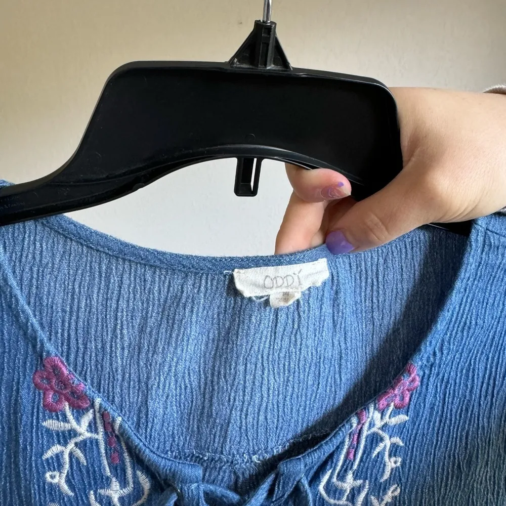 Oddy Blue Denim Tie Up Embroidered Dress Women’s M Coastal Cowgirl Preppy Size M - Image 4