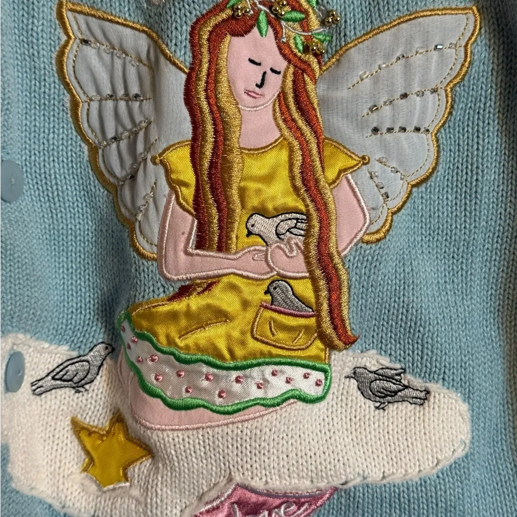 The Quacker Factory Blue Whimsical Angel Knit Button Up Sweater Size Large - Image 8