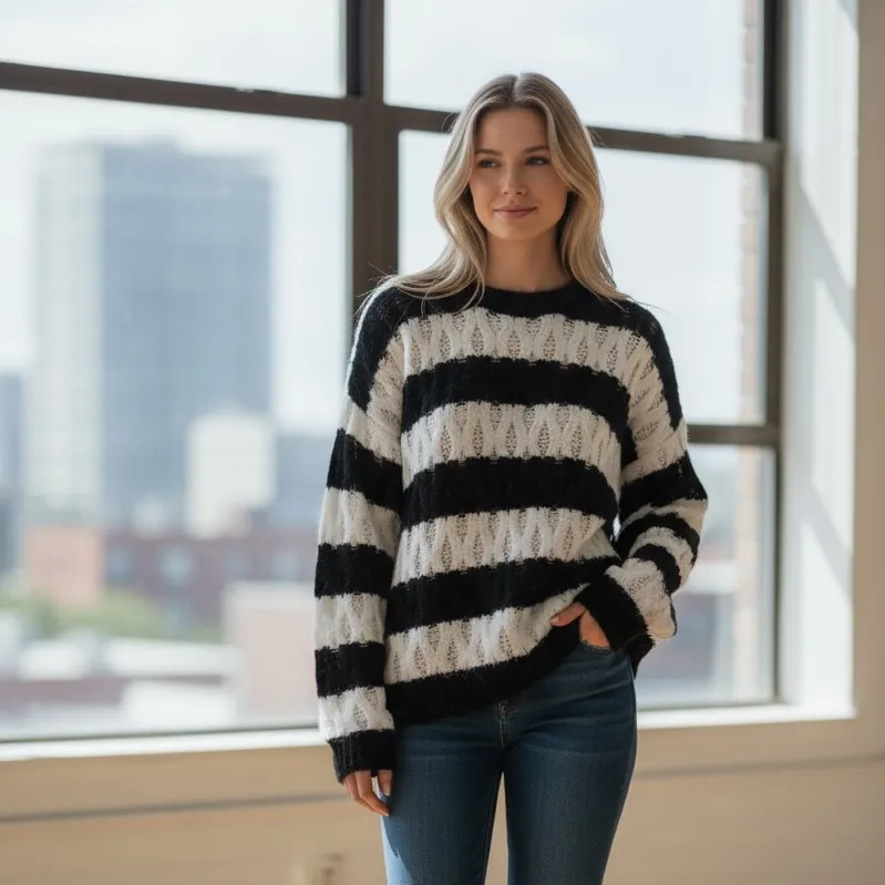 NWT Steve Madden KARLI SWEATER Striped Black White Medium Wool Blend - Image 2