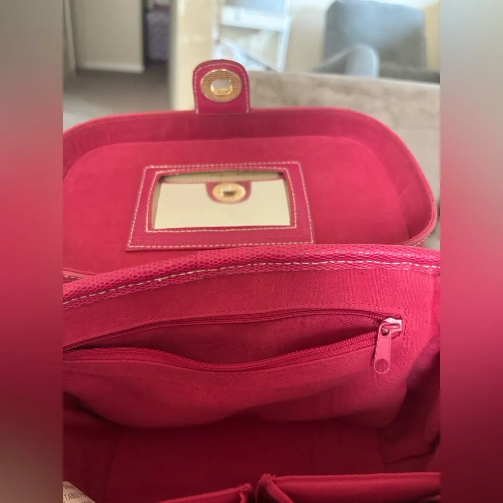 Vintage Vegetable Fiber Woven Basket Purse Top Handle Bag Pink Tan mirror - Image 13