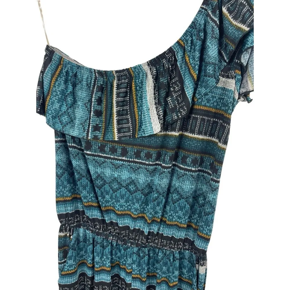 Teal One Shoulder Flamestitch Sleeveless Elastic Waist Scrunched Leg Jumpsuit L Size L - Image 4