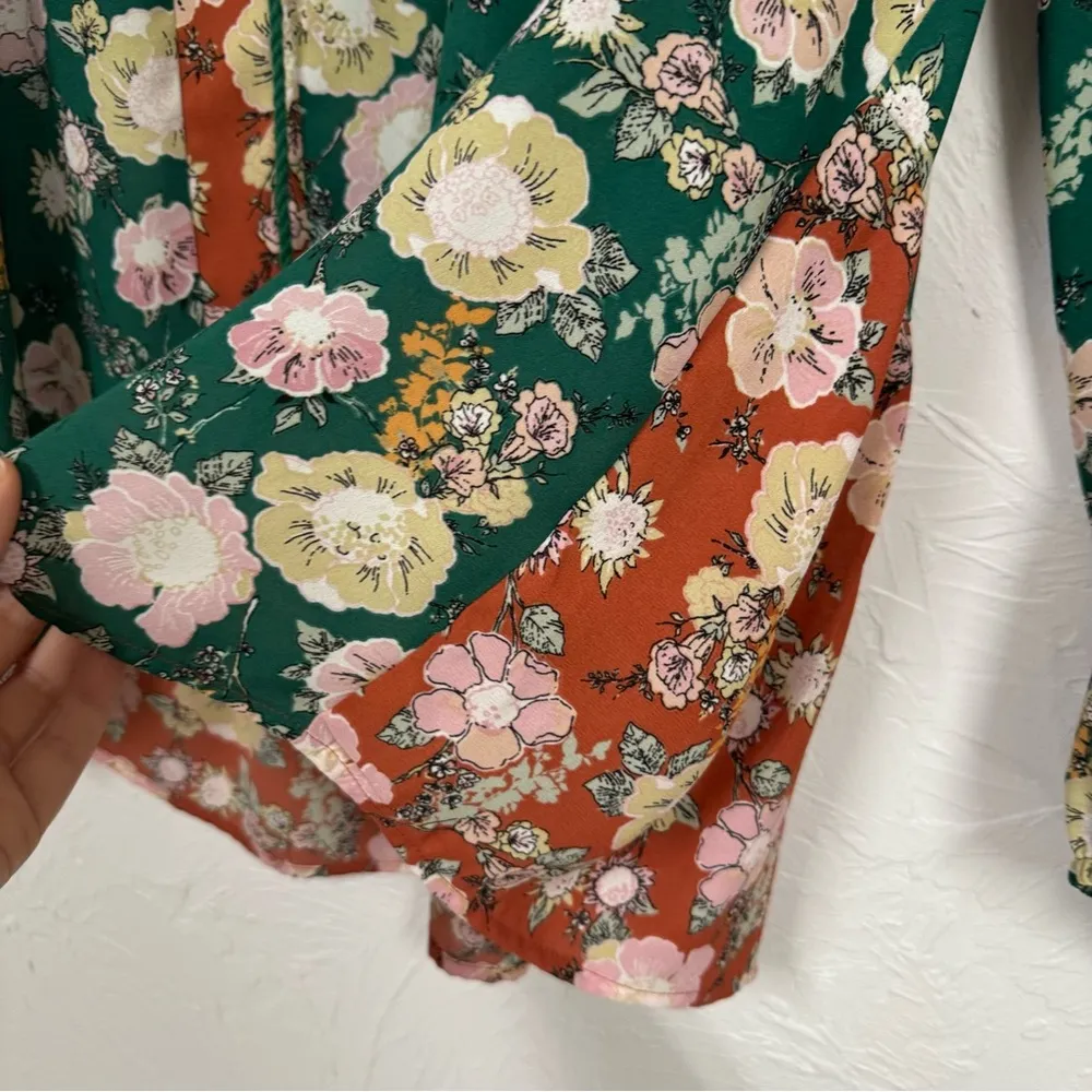 Daniel Rainn DR2 Mixed Floral Green Orange Pink Puff Sleeve Blouse Womens M Boho - Image 9