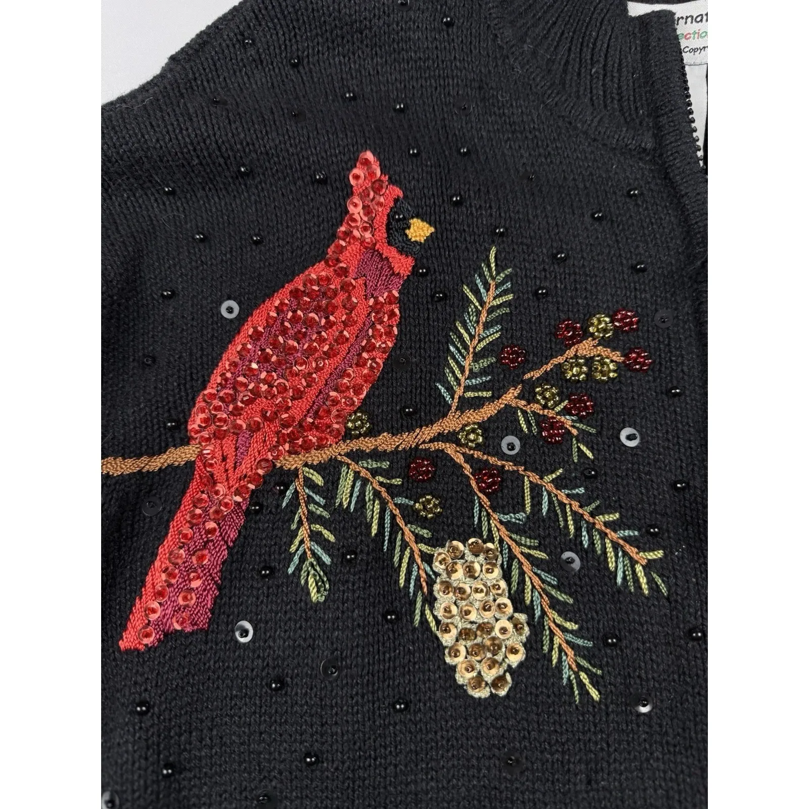 Tiara International Cardigan Sweater Size XL Christmas Red Bird Embroider Beaded - Image 4