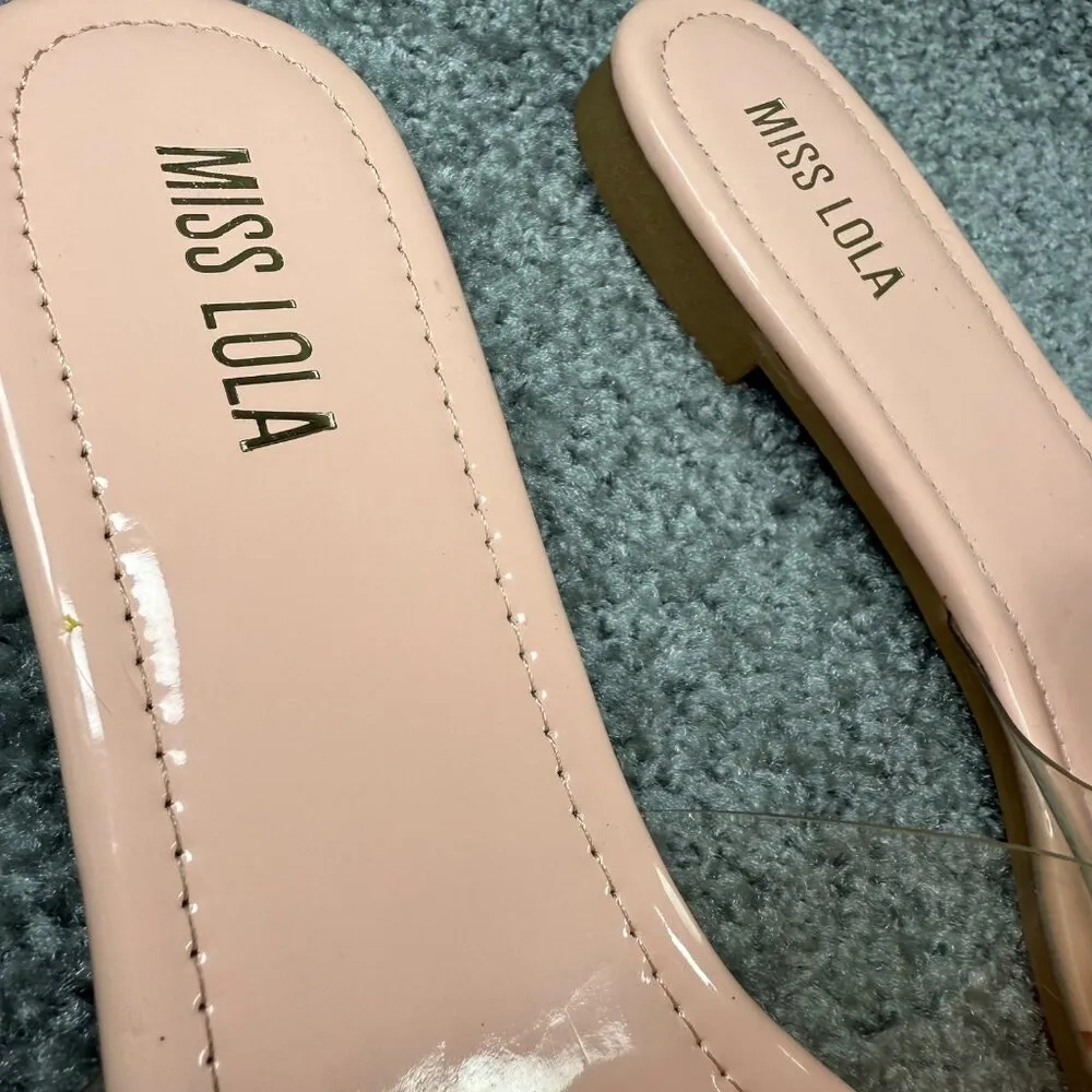 Faux Fur & Rhinestone Embellished Pink Slide Sandals Miss Lola Size 9 Slip On - Image 4