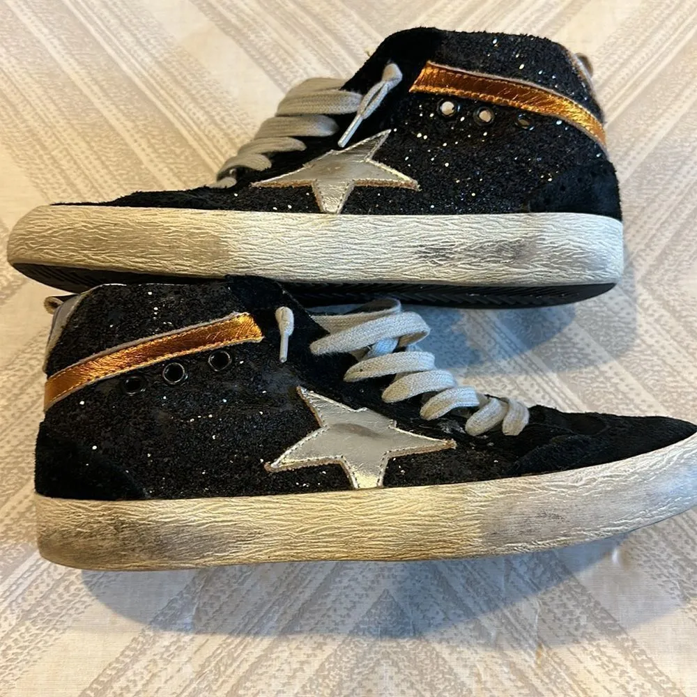 Golden Goose Mid Star Black Glitter and Silver Star Sneakers - Size 37 - Image 4
