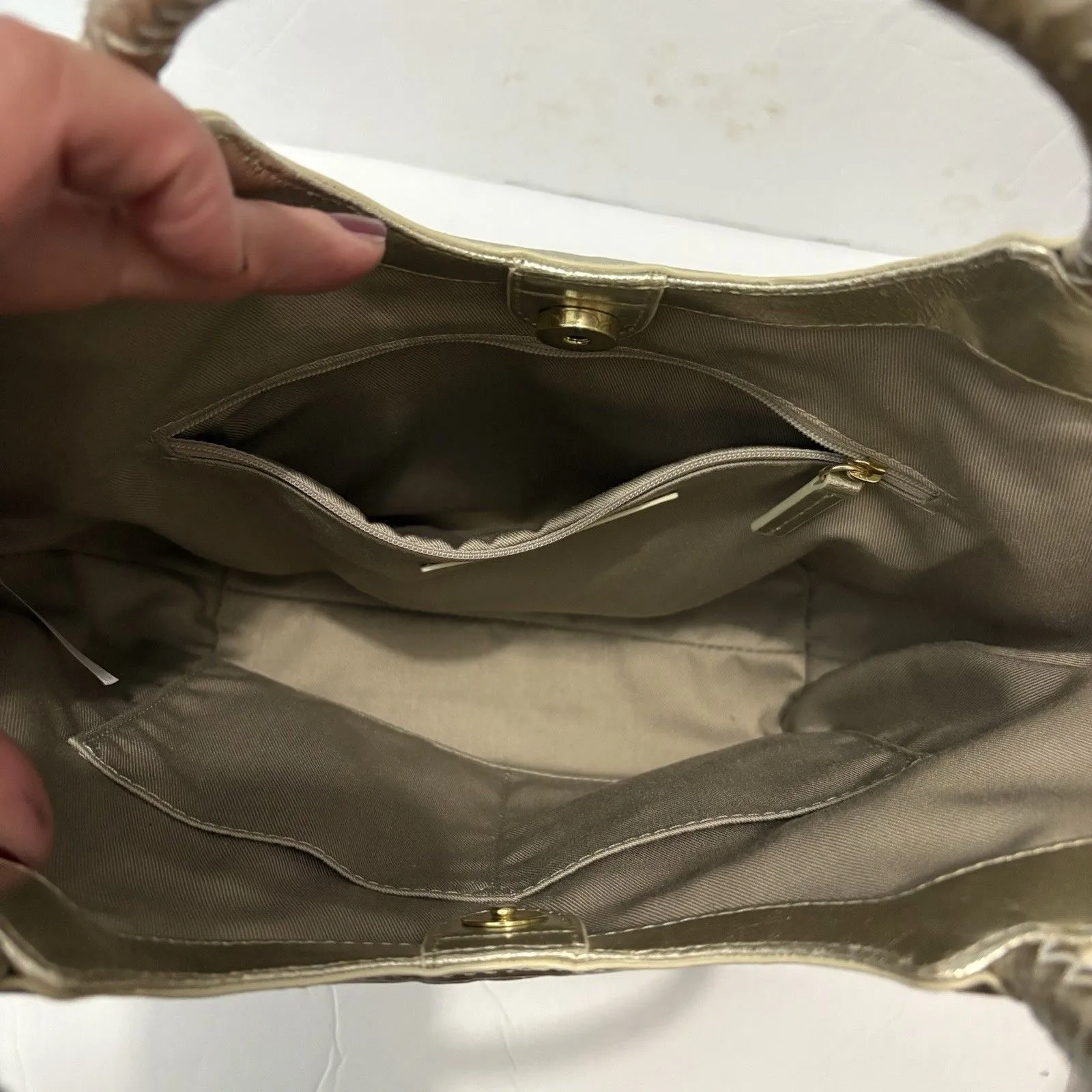 Talbots Metallic Gold Tone Woven Look Tote Bag Double Handle Purse Holiday Party - Image 7