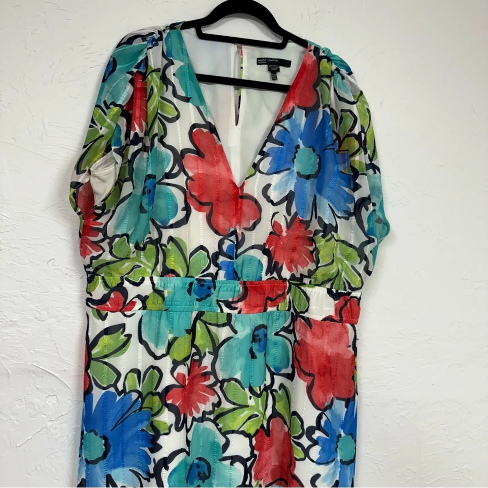 Maggy London Blue Red Floral Print Maxi Dress Womens 18W Boho Casual Eyelet - Image 13