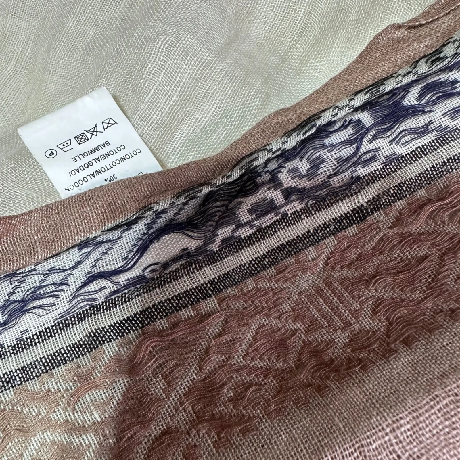 Linen Blend Cotton Scarf Boho Tribal Tassel Fringe Shawl Designed in France Tan - Image 8