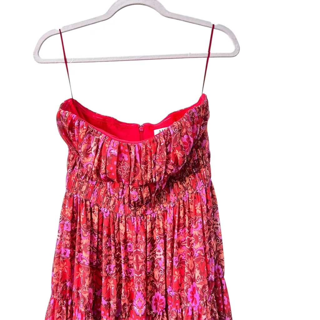 Amur Multicolor Floral Mariana‎ Strapless Cocktail Party Tiered Midi Dress sz 4 Red - Image 5