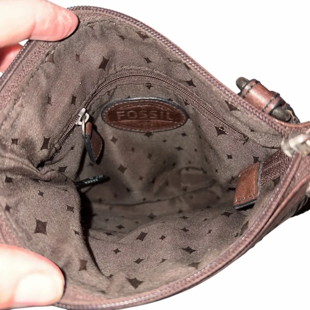 Fossil Chocolate Brown Leather Long Live Vintage Crossbody Purse Bag - Image 7