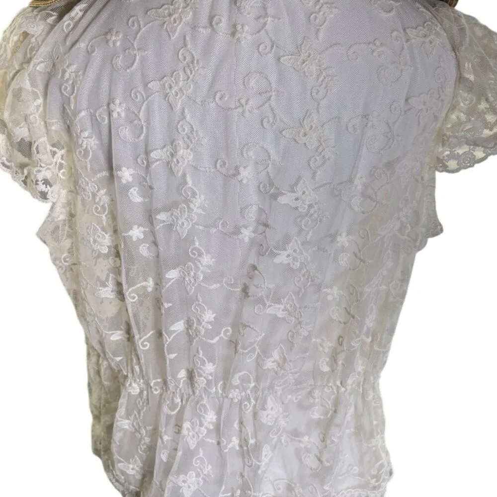 Ultra Pink Ivory Lace Cardigan Vest‎ L Boho Layering Romantic Cottagecore - Image 5