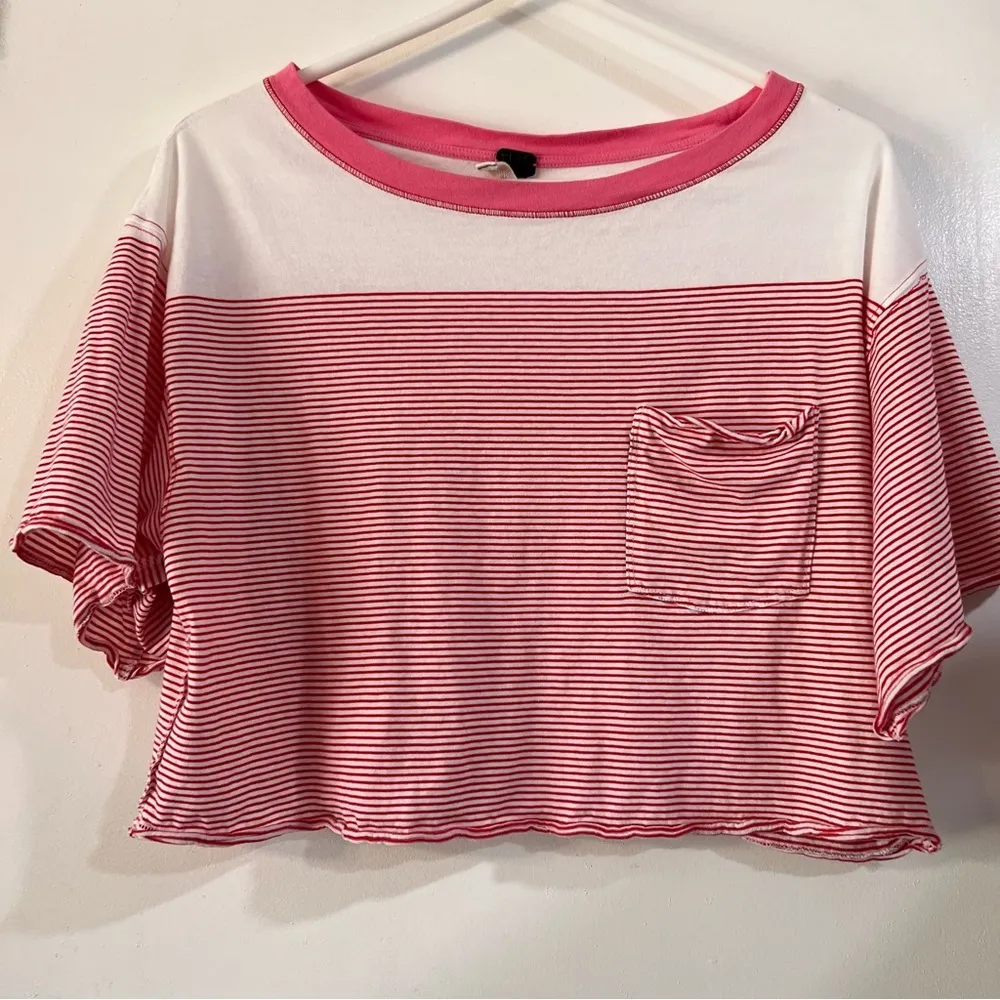 We The Free Girl Crush Cropped Oversized Striped Tee Pocket Prima Cotton XS Boho - Image 2