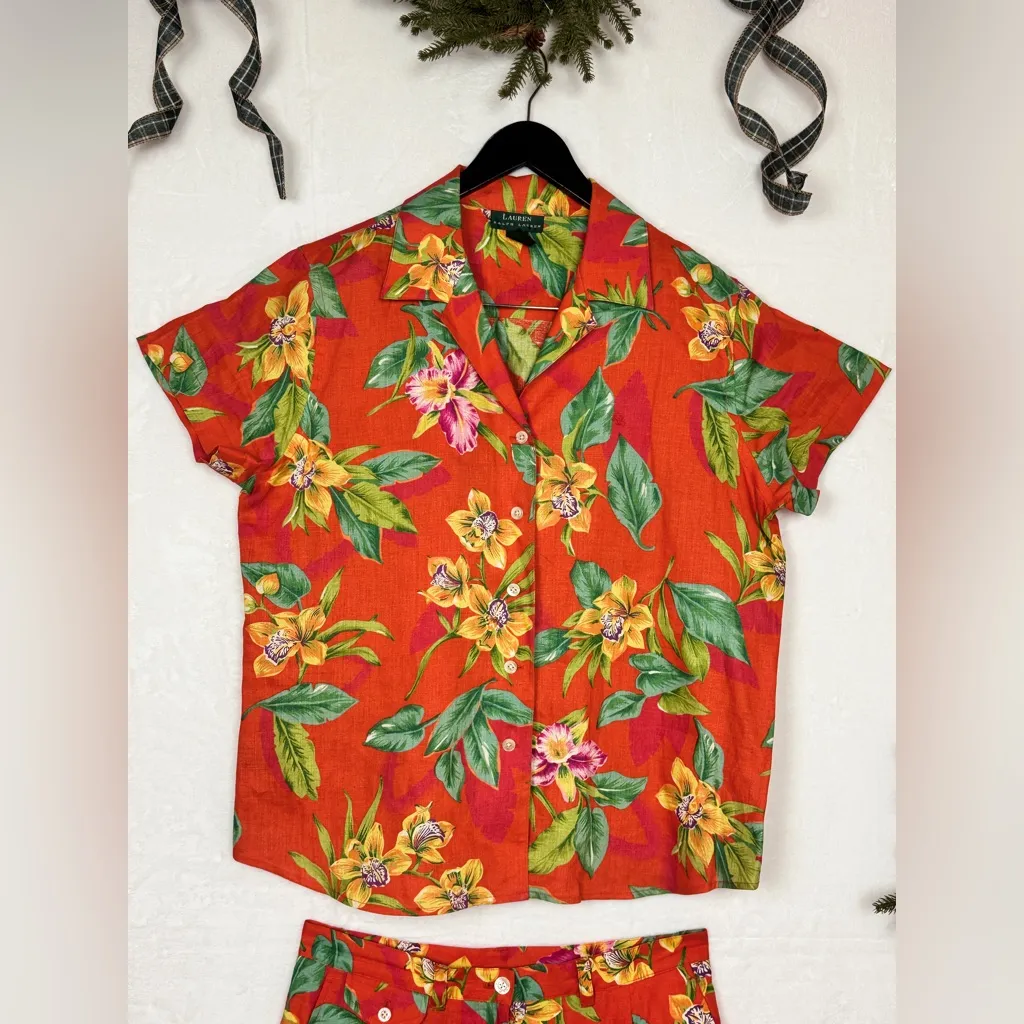 Lauren Ralph Lauren Hawaiian Flora Print Button Up Linen Shirt/Shorts Sz 10/L - Image 2
