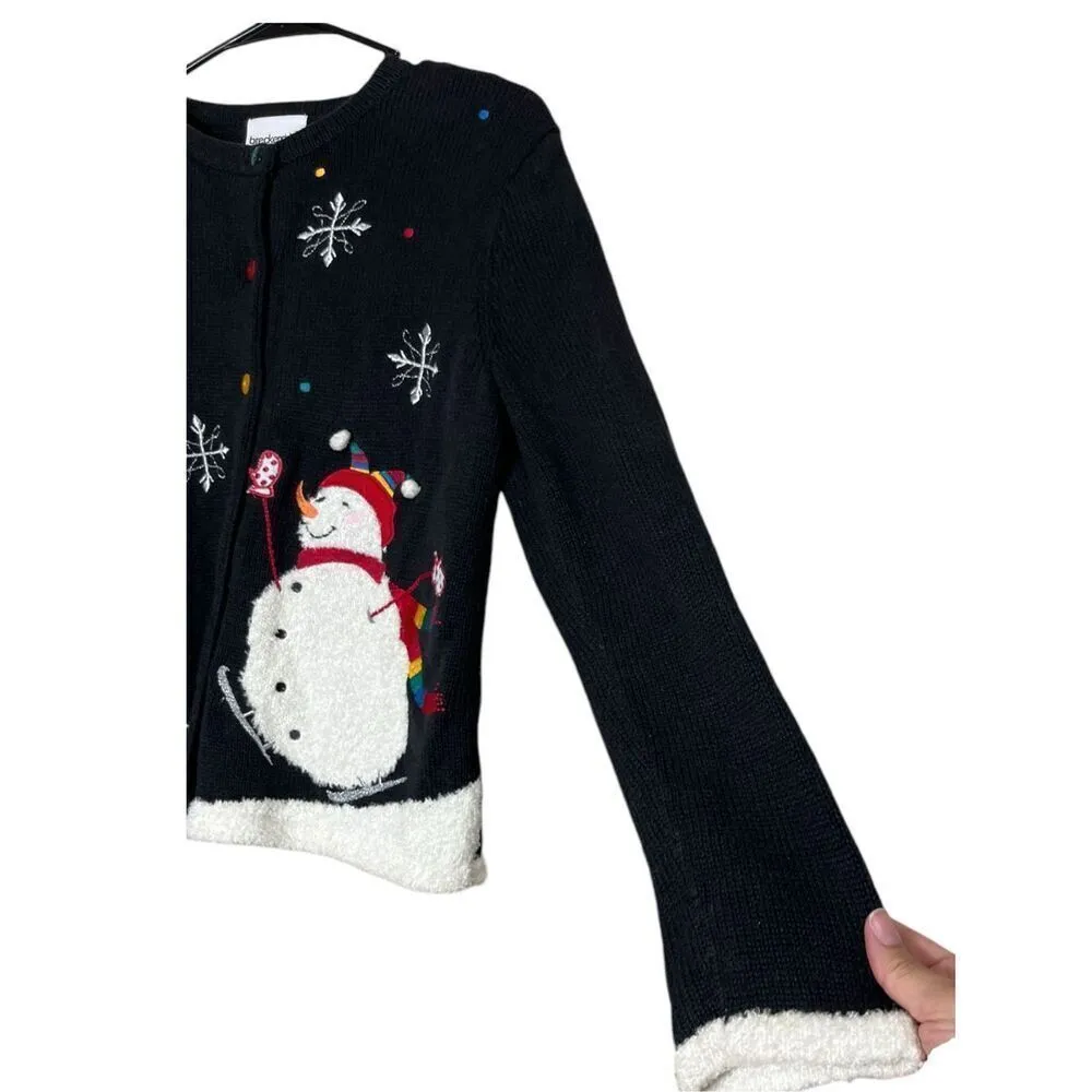 Vintage BRECKENRIDGE Black Christmas‎ Snowman Cardigan Sweater Size Petite Small - Image 4