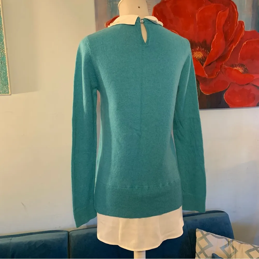 Charter Club Pure Cashmere Rhinestone Collar Blue & White Women's Top Shirt XS - Image 7