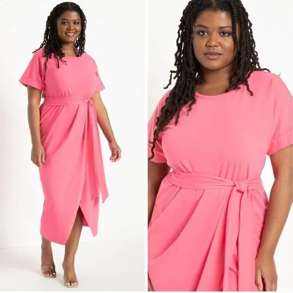 NEW Eloquii barbie hot‎ pink cotton knit Wrap Skirt tie waist midi Dress, 14 - Image 3